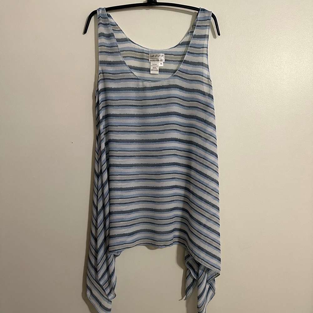 M.S.S.P. Sleeveless Blue Stripe Asymmetrical Hem Tunic Top, Size M